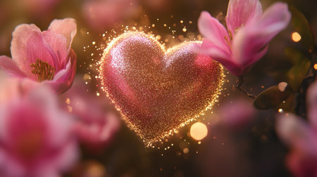 A stunning heart shape, shimmering with golden sparkles, is framed by delicate pink flowers, creating a charming, romantic atmosphere full of beauty and inspiration.の素材