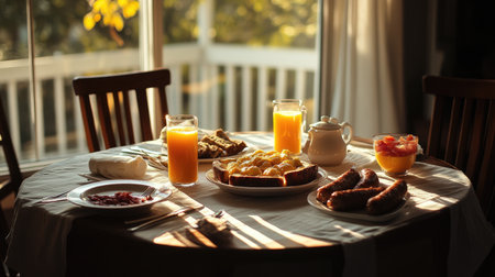 A delightful breakfast table featuring bright sunlight, fresh fruits, orange juice, soft rolls, sausages, and eggs, perfect for a cozy morning gathering.の素材