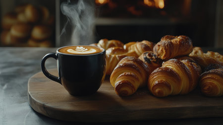 A cozy scene featuring a hot cup of coffee beside freshly baked pastries. Steam rises from the mug, creating an inviting atmosphere perfect for breakfast or brunch.の素材