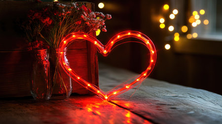 A heart-shaped light display surrounded by fresh flowers creates a warm and romantic atmosphere. This cozy setup is perfect for celebrations or intimate gatherings.の素材