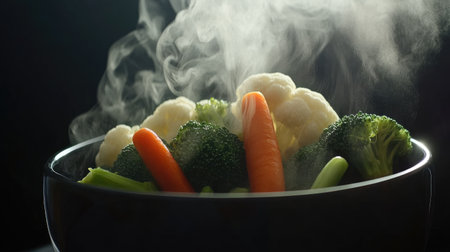 A captivating image of fresh vegetables steaming in a dark bowl. Broccoli, carrots, and cauliflower exude vitality, highlighting healthy cooking and nutrition.の素材