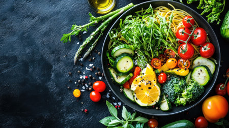 A stunning arrangement of fresh vegetables and herbs on a black background, perfect for promoting healthy eating and vibrant meals in culinary arts.の素材