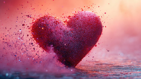 A vibrant red heart shape emerges from a cloud of sparkling glitter, creating an enchanting scene. The blurred background enhances the romantic feeling, making it perfect for love-themed projects.の素材
