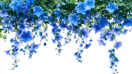 A stunning arrangement of vibrant blue flowers intertwined with green leaves, creating a captivating natural display. Ideal for backgrounds and decoration.の素材