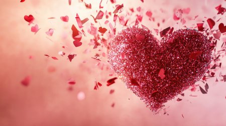 This vibrant image features a sparkling heart made of glitter, surrounded by floating red hearts against a soft pink background. Perfect for celebrating love.の素材