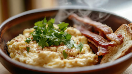 Enjoy a warm breakfast bowl featuring creamy scrambled eggs topped with fresh herbs, crispy bacon strips, and toasted bread for a delightful start to your day.の素材
