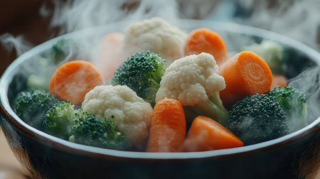 A steaming bowl of fresh broccoli and carrots showcases healthy cooking. The vibrant colors and steam create an inviting atmosphere perfect for meal prep.の素材
