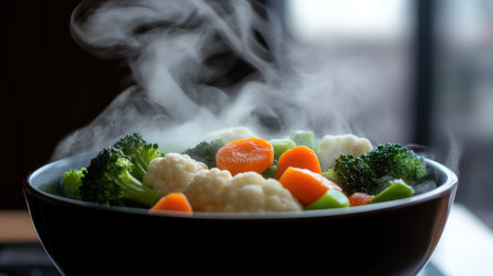 A vibrant bowl of fresh steamed vegetables, showcasing broccoli, carrots, and cauliflower. The steam rising adds warmth and freshness to a nutritious meal.の素材