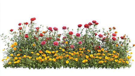 A vibrant arrangement of blooming roses and buttercups creates a stunning display against a white background, evoking feelings of joy and beauty in nature.の素材