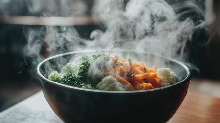 A stunning image of fresh steamed vegetables including broccoli, carrot, and cauliflower in a black bowl, with steam rising to create a warm, inviting atmosphere.の素材