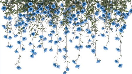 A stunning display of blue flowers cascading gracefully with lush greenery. Perfect for projects related to nature, beauty, or floral design. Ideal for backgrounds or decoration.の素材