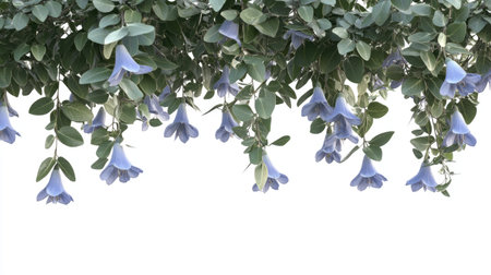 This image showcases delicate blue flowers gently hanging from lush green leaves, set against a pure white background, perfect for capturing the essence of nature's beauty.の素材