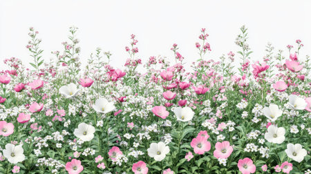 A beautiful field of vibrant pink and white flowers creates a serene and cheerful atmosphere. This vivid floral display brings life to any space.の素材