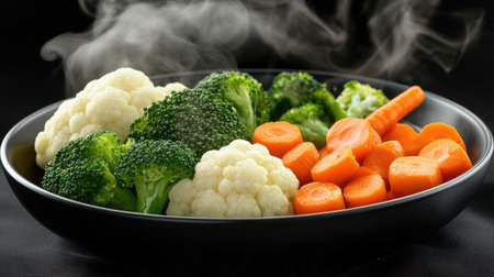 A vibrant plate featuring fresh steamed broccoli, cauliflower, and carrots, emitting steam, highlighting healthy cooking and nutritious eating. Perfect for food enthusiasts.の素材