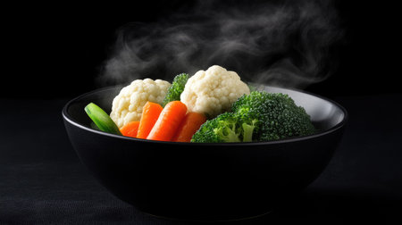 A vibrant arrangement of fresh steamed broccoli, cauliflower, and carrots in a sleek black bowl. The steam rising adds a touch of freshness, perfect for healthy meals.の素材