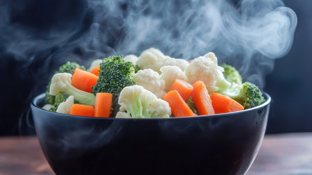 A close-up view of a bowl filled with fresh steamed vegetables, including broccoli, cauliflower, and carrots. Steam rises, showcasing vibrant colors and wholesome nutrition. Perfect for healthy meal ideas.の素材