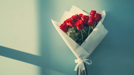 A stunning bouquet of vibrant red roses elegantly wrapped in white paper rests against a soft green wall. Perfect for expressing love and affection.の素材