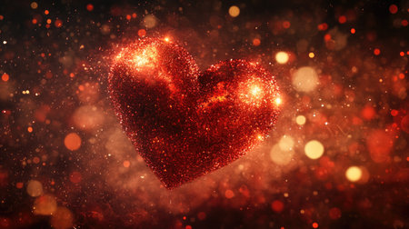 This striking image features a glowing heart shape composed of shimmering sparkles, surrounded by a colorful, blurred background, evoking feelings of love and joy.の素材