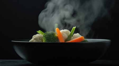 A beautifully arranged bowl of fresh steamed vegetables, including broccoli, cauliflower, and carrot, contrasts against a dark background, creating a vibrant and appetizing visual.の素材