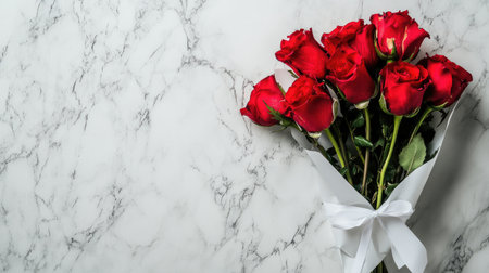 A stunning arrangement of vibrant red roses wrapped elegantly in white. This beautiful bouquet rests against a white marble background, perfect for conveying love and celebration.の素材