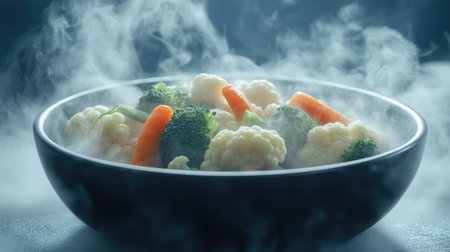 A vibrant bowl of fresh vegetables featuring broccoli, cauliflower, and carrots, gently steaming to enhance their appeal. Perfect for healthy meals.の素材