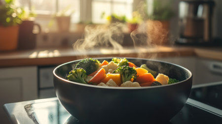 A steaming bowl of fresh vegetables, including broccoli, carrots, and cauliflower, presented in a cozy kitchen setting, radiating warmth and health.の素材