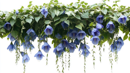 A stunning display of vibrant blue flowers cascading from a lush trellis, surrounded by rich green leaves. Perfect for nature-themed projects.の素材