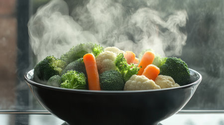 A vibrant bowl of fresh steamed vegetables including broccoli, carrots, and cauliflower. Perfect for a healthy meal, showcasing the beauty of wholesome cooking.の素材