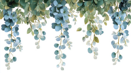 A beautiful arrangement of eucalyptus leaves creates a serene and vibrant backdrop, perfect for home decor, weddings, or artistic projects.の素材