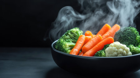 A striking image of fresh steamed vegetables, featuring broccoli, carrots, and cauliflower, emitting steam on a dark background, ideal for healthy cooking visuals.の素材