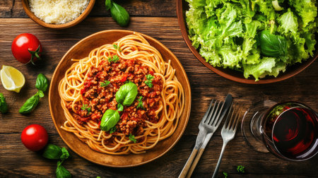 A mouthwatering plate of spaghetti topped with savory meat sauce and fresh basil, accompanied by a crisp salad and a glass of red wine, perfect for any meal.の素材