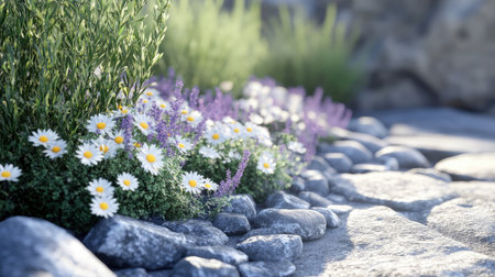 A scenic view of vibrant wildflowers, including daisies and lavender, lining a rocky pathway. The natural setting captures the essence of outdoor tranquility.の素材