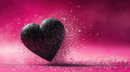 Captivating image of a black heart shape surrounded by sparkling dust, set against a vivid pink background. Perfect for themes of love and romance.の素材