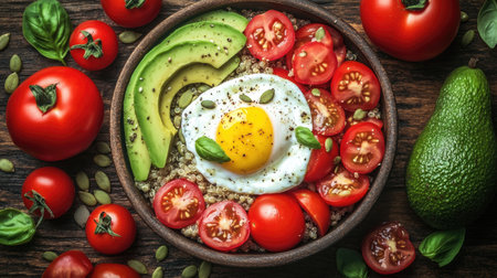 A vibrant bowl featuring fresh avocado, a sunny-side-up egg, juicy tomatoes, and quinoa, beautifully garnished with seeds and basil leaves.の素材