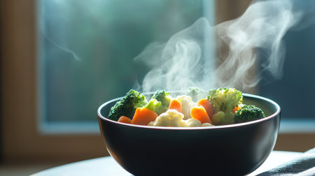 A vibrant bowl of freshly steamed vegetables, including broccoli, carrots, and cauliflower, with steam gracefully rising, showcasing healthy cooking and nutrition.の素材