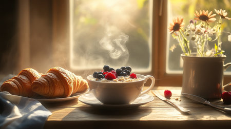 A warm and inviting breakfast scene featuring a bowl of steaming berries and creamy oats beside flaky croissants, all set against a sunlit window.の素材