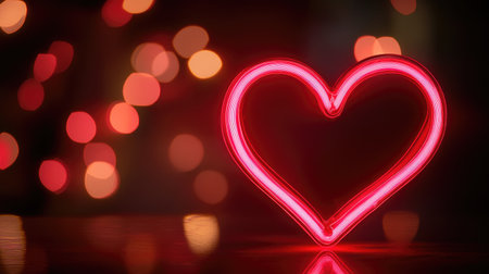 A glowing red neon heart sign stands out against a soft bokeh background, perfect for conveying love and romance in various creative projects.の素材
