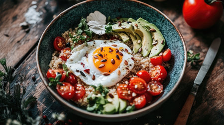 This vibrant breakfast bowl features quinoa topped with a sunny-side-up egg, fresh avocado, cherry tomatoes, and seeds, showcasing healthy eating.の素材