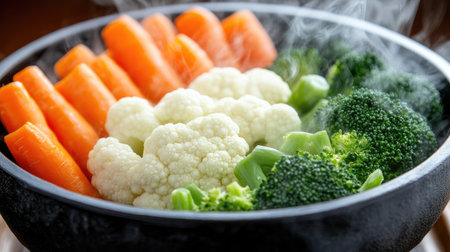 A colorful assortment of fresh steamed vegetables including carrots, broccoli, and cauliflower, beautifully arranged in a dark bowl with steam rising, showcasing healthy cooking.の素材