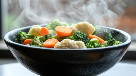 A close-up view of freshly steamed broccoli, cauliflower, and carrots in a black bowl. The vibrant vegetables emit steam, showcasing a healthy, appetizing meal option.の素材