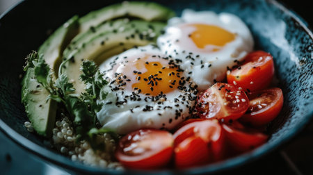 A wholesome breakfast bowl featuring perfectly poached eggs, ripe avocado slices, and juicy cherry tomatoes, garnished with sesame seeds for a vibrant meal.の素材