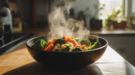 This image showcases a steaming bowl of fresh vegetables, highlighting the vibrant colors of broccoli and carrots. Perfect for promoting healthy eating.の素材