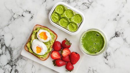 A vibrant and nutritious breakfast featuring avocado toast topped with poached eggs, fresh strawberries, and a healthy green smoothie. Perfect for a refreshing start.の素材