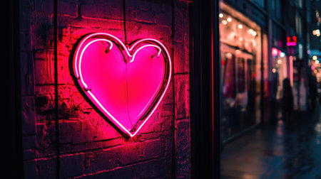 A vibrant pink neon heart sign adorns an urban wall, creating a romantic atmosphere at night. This glowing artwork symbolizes love and charm in modern settings.の素材