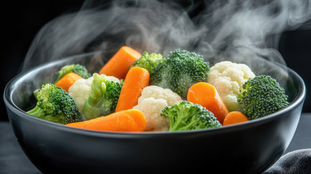 A stunning image of fresh steamed vegetables, including broccoli, cauliflower, and carrots, rising with steam in a black bowl. Perfect for healthy cooking.の素材