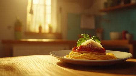 A beautifully presented plate of spaghetti topped with tomato sauce, cheese, and fresh basil, captured in a cozy kitchen setting filled with sunlight.の素材