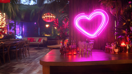 A neon heart sign casts a warm glow in a stylish lounge, surrounded by tropical plants and a cozy ambiance, perfect for social gatherings and romantic nights.の素材