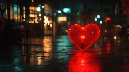 A vibrant red heart shape emits a warm glow on wet pavement, creating a romantic urban atmosphere at night. Perfect for love-themed visuals.の素材