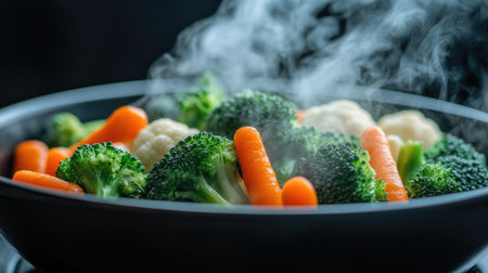 A steaming bowl filled with fresh broccoli and carrots, capturing the essence of healthy cooking. This colorful blend highlights nutritious vegetables, perfect for wellness-focused meals.の素材