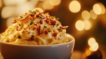 A close-up of a creamy pasta dish garnished with crispy bacon and fresh herbs, creating a warm and inviting presentation perfect for festive gatherings.の素材